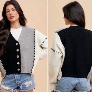 Anniewear Patchwork Cable Knit Contrast Stitch Cardigan - Large